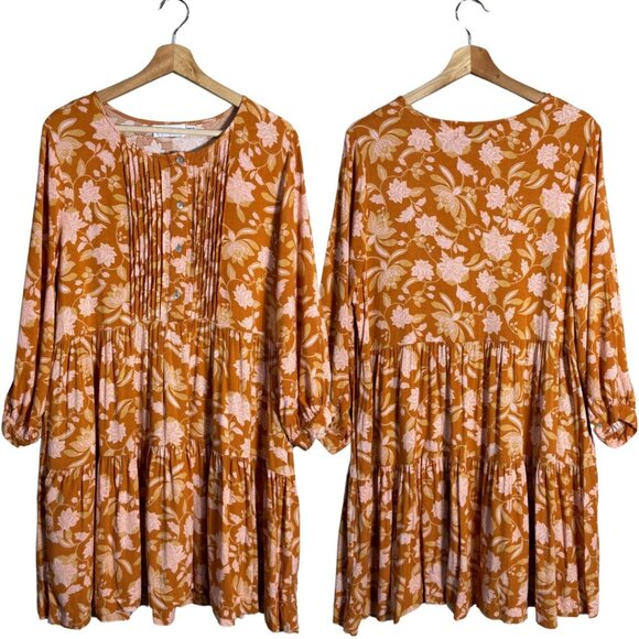 Petal + Pup Arden Floral Tunic Mini Dress Womens 6 Orange Flowy Tiered Button Up - Picture 2 of 14